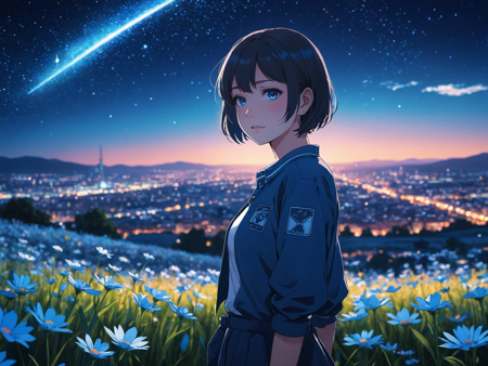 31073393-2084045070-anime girl, night, blue light behind her,  ((Galaxy, Lens flare)), short hair, flower field, night sky, cinematic shot. Wallpape.png